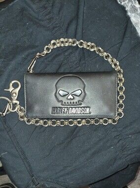 Harley-Davidson Black Leather Skull Chain Wallet with Silver Chain